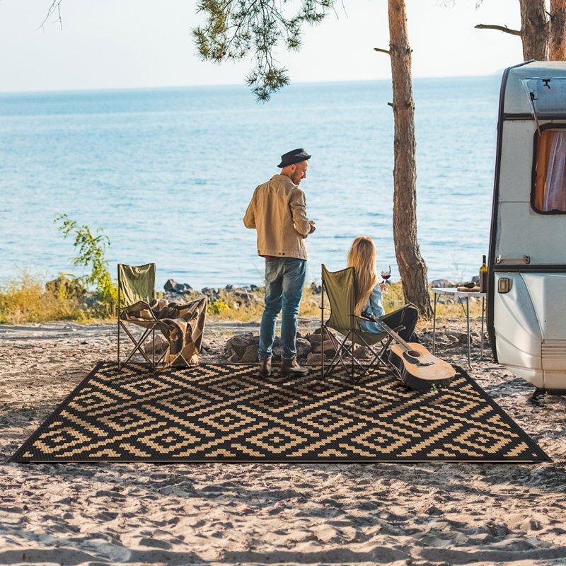 DEORAB Outdoor Rugs Waterproof Plastic Straw Mat 5'x8' Reversible For RV Patio Deck Beach Black & Brown
