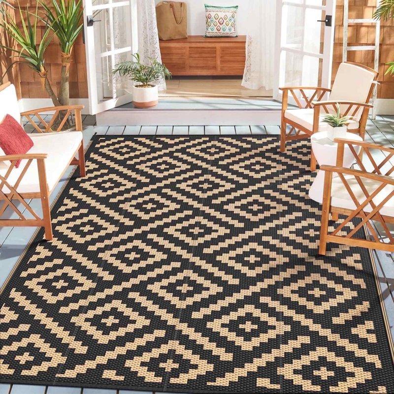 DEORAB Outdoor Rugs Waterproof Plastic Straw Mat 5'x8' Reversible for RV Patio Deck Beach Black & Brown DEORAB Outdoor Rugs Waterproof Plastic Straw Mat 5'x8' Reversible for RV Patio Deck Beach Black & Brown