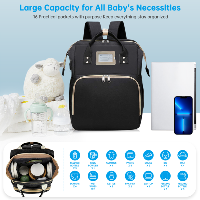 Diaper Bag Backpack Multifunctional Baby Changing Bag With Foldable Crib & Insulated Milk Bottle Pocket Large Capacity Travel Backpack With USB Charging Port & Stroller Strap (Black)