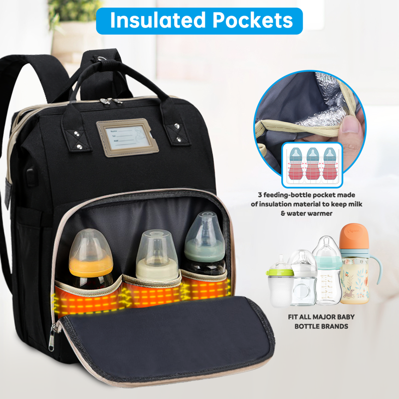 Diaper Bag Backpack Multifunctional Baby Changing Bag With Foldable Crib & Insulated Milk Bottle Pocket Large Capacity Travel Backpack With USB Charging Port & Stroller Strap (Black)