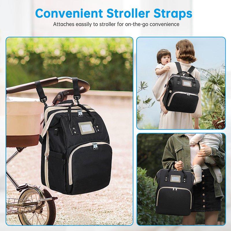 Diaper Bag Backpack Multifunctional Baby Changing Bag With Foldable Crib & Insulated Milk Bottle Pocket Large Capacity Travel Backpack With USB Charging Port & Stroller Strap (Black)