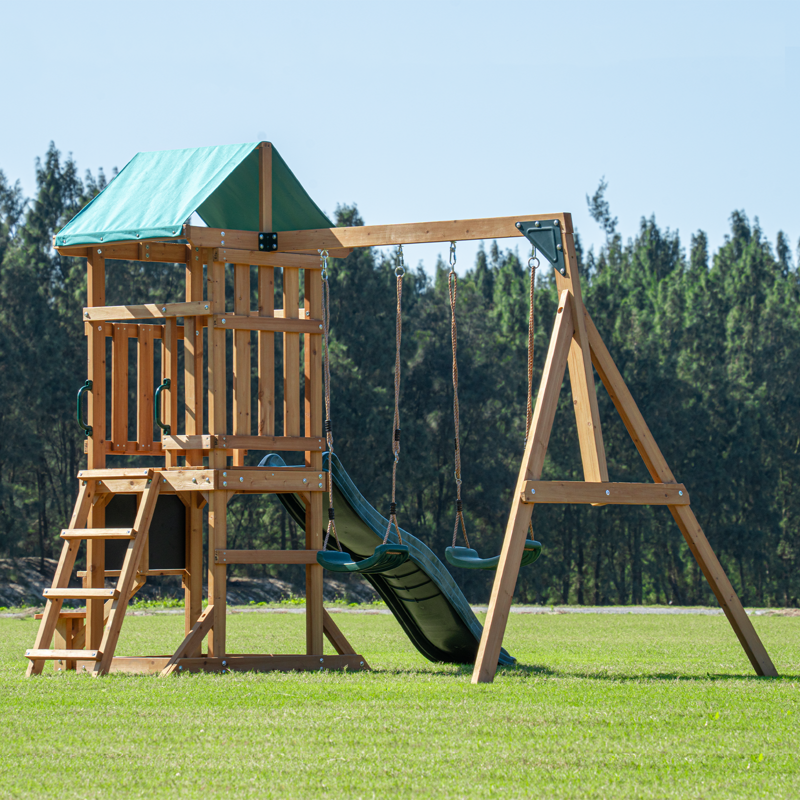 Dolphin Playground Wooden Outdoor Playset With Swings Slide And Playhouse - Durable Backyard Swing Set For Kids