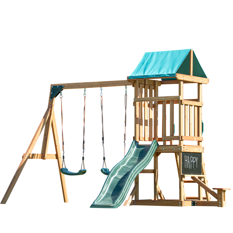 Dolphin Playground Wooden Outdoor Playset With Swings Slide And Playhouse - Durable Backyard Swing Set For Kids