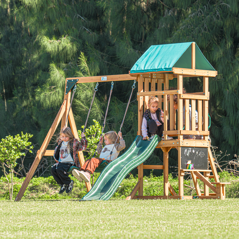 Dolphin Playground Wooden Outdoor Playset with Swings Slide and Playhouse - Durable Backyard Swing Set for Kids
