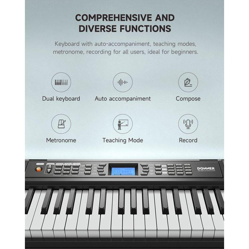 Donner DEK-200 61-Key Piano Full-Size Electronic Keyboard Set Auto Accompaniment Metronome Includes 300 Tones With Stand Bench Microphone