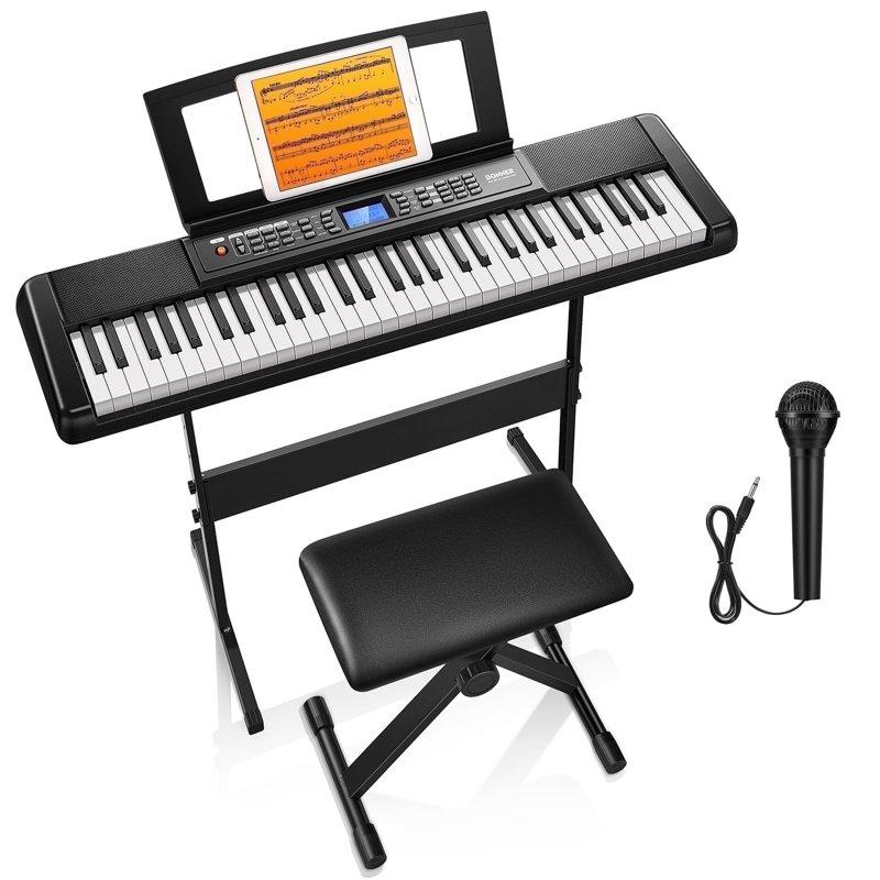 Donner DEK-200 61-Key Piano Full-Size Electronic Keyboard Set Auto Accompaniment Metronome Includes 300 Tones with Stand Bench Microphone