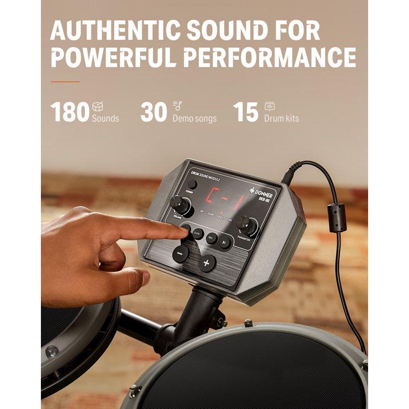 Donner Electric Drum Set With 180+ Sounds Mesh Pad Drums Kit For Adults Beginners DED-80 Gray