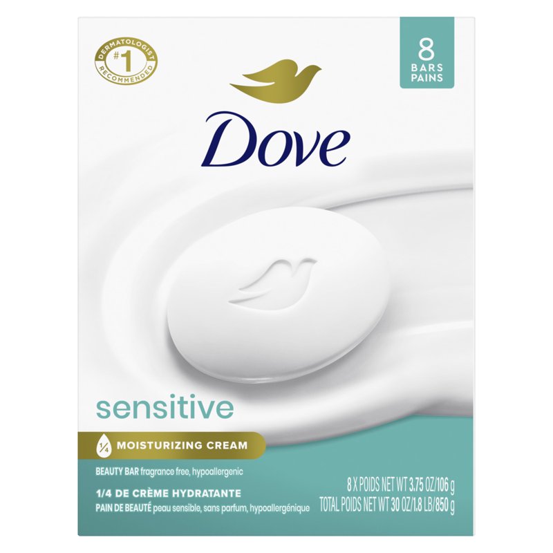 Dove Beauty Bar Women's Bath Soap Sensitive 3.75 oz 8 Bars