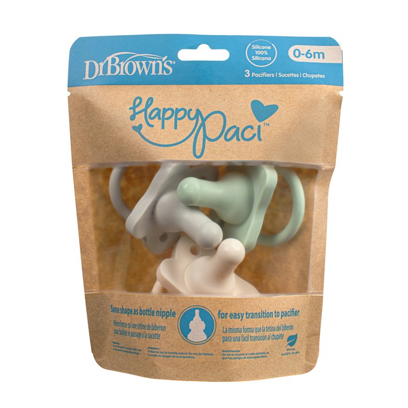 Dr. Brown's HappyPaci 100% Silicone Pacifier 0-6m BPA Free Cool Gray Green Ecru 3 Pack