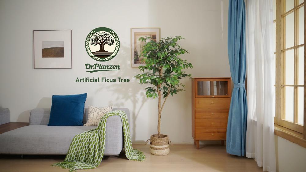 DR.Planzen 5 Feet Artificial Ficus Tree Tall Lifelike Greenery With Natural Wood Trunk For Living Room Office Floor And Corner Decor