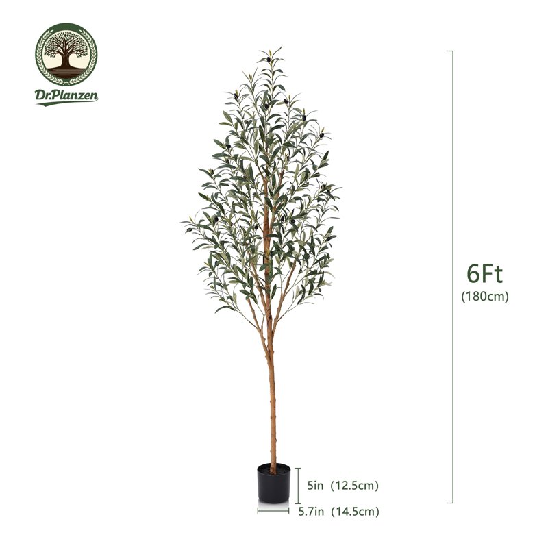 DR.Planzen Exquisite Olive Tree 6 Ft Indoor Outdoor Artificial Tall Faux Olive Tree In Black Plastic Pot Artificial Plants With Natural Wood Trunk And Lifelike Fruits For Home Office Garden Decor