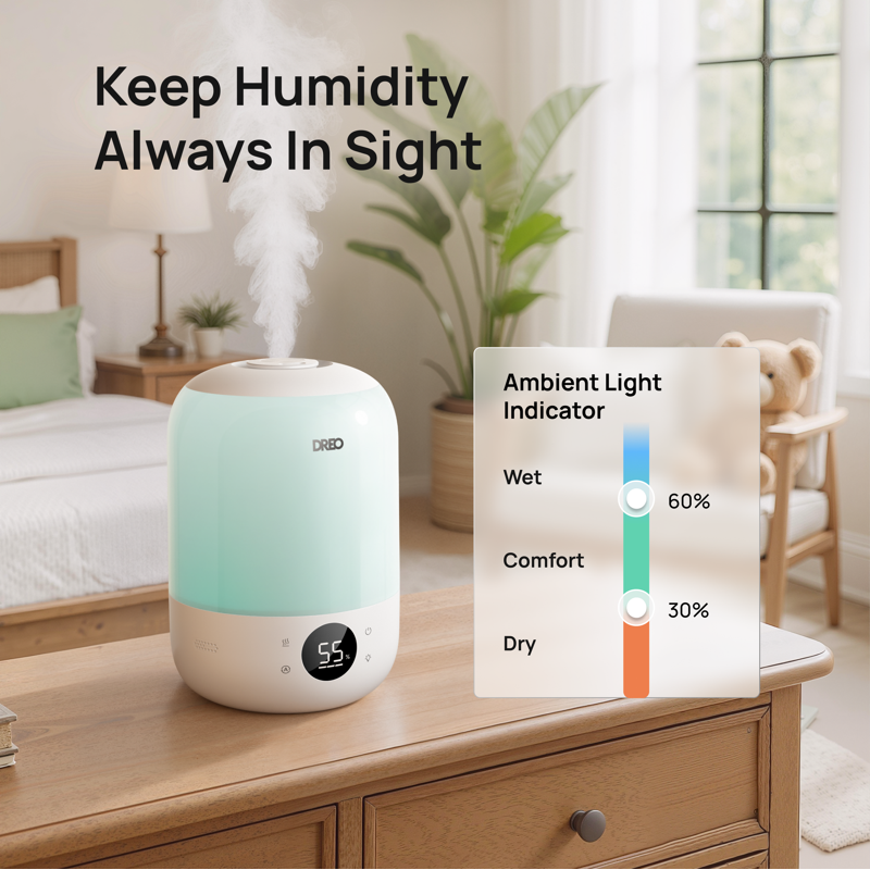 DREO Cool Mist Humidifier For Room 3.7L Top-Fill & 35H Runtime Ultrasonic Humidifier Custom Humidity Setting Light Indicator & Aroma Tray 26dB Quiet Humidifier For Home Baby Bedroom White