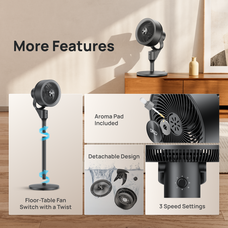 Dreo Pedestal Fan For Home 2-in-1 Oscillating Fans For Table Or Floor 80ft Floor Fan For Room 3 Speeds 25dB AC Motor 80° Horizontal + 90° Manual Vertical Oscillating Standing Fan Aroma Pad