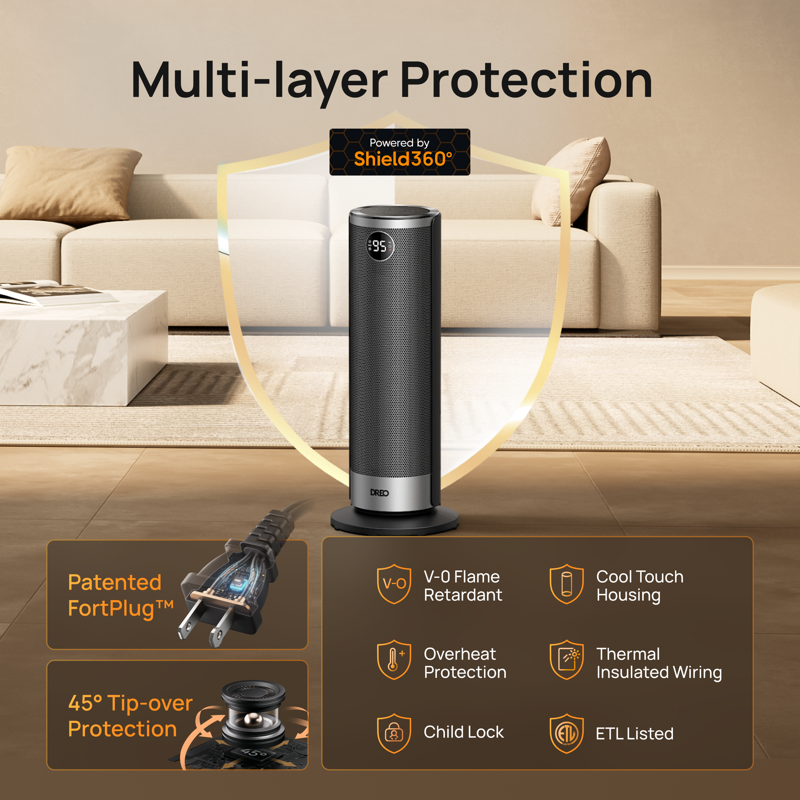 DREO Space Heater For Inside 1500W Electric Heater With Dual-DC Motor PTC Ceramic Heating & 8-Layer Safety Protection ECO Mode Precise Thermostat 12H Timer & 20" Heaters For Home Office