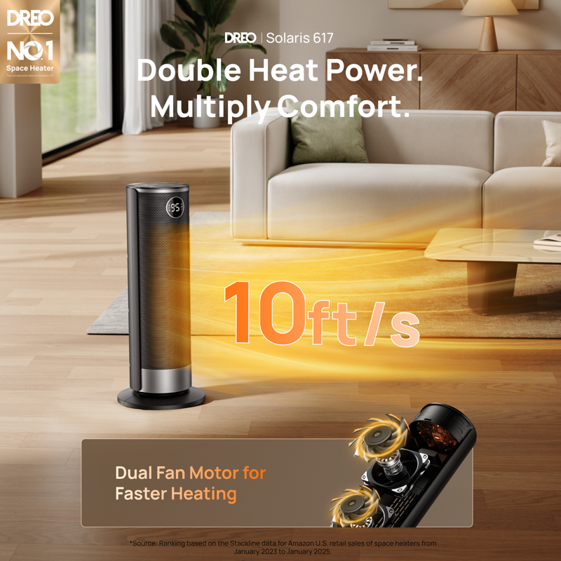 DREO Space Heater For Inside 1500W Electric Heater With Dual-DC Motor PTC Ceramic Heating & 8-Layer Safety Protection ECO Mode Precise Thermostat 12H Timer & 20" Heaters For Home Office