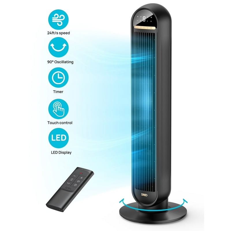 Dreo Tower Fans for Home 36" Standing Floor Fan with Remote 90° Oscillating Fan 24 ft/s High Velocity LED Display 4 Speeds 4 Modes 8H Timer Quiet Bedroom Fan
