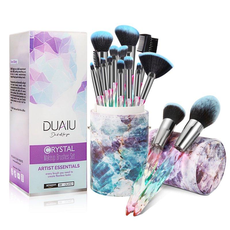 DUAIU Makeup Brushes 15pcs Premium Synthetic Bristles Crystal Handle Set Kabuki Foundation Brush Face Lip Eye Makeup Brush Sets Professional with Starry Gift Box (Blue)