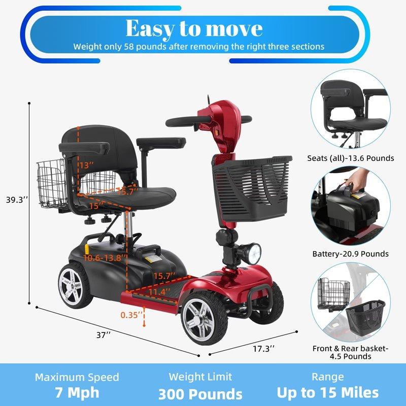 Ecomobi MS02W 15-45 Miles 4 Wheels Mobility Scooter For Adults&Seniors 350W Electric Powered Wheelchair Device With Extended Battery Dual Baskets Rotating Seat Compact Duty Mobile For Elderly