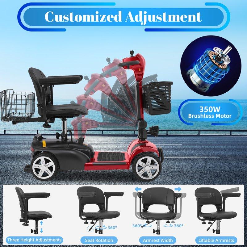 Ecomobi MS02W 15-45 Miles 4 Wheels Mobility Scooter For Adults&Seniors 350W Electric Powered Wheelchair Device With Extended Battery Dual Baskets Rotating Seat Compact Duty Mobile For Elderly