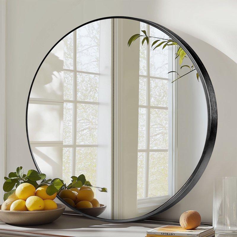 EDX 24" Wall Round Mirror With Crystal Clear Reflection Convenient Hanging Hooks And Premium Aluminum Alloy Construction Black