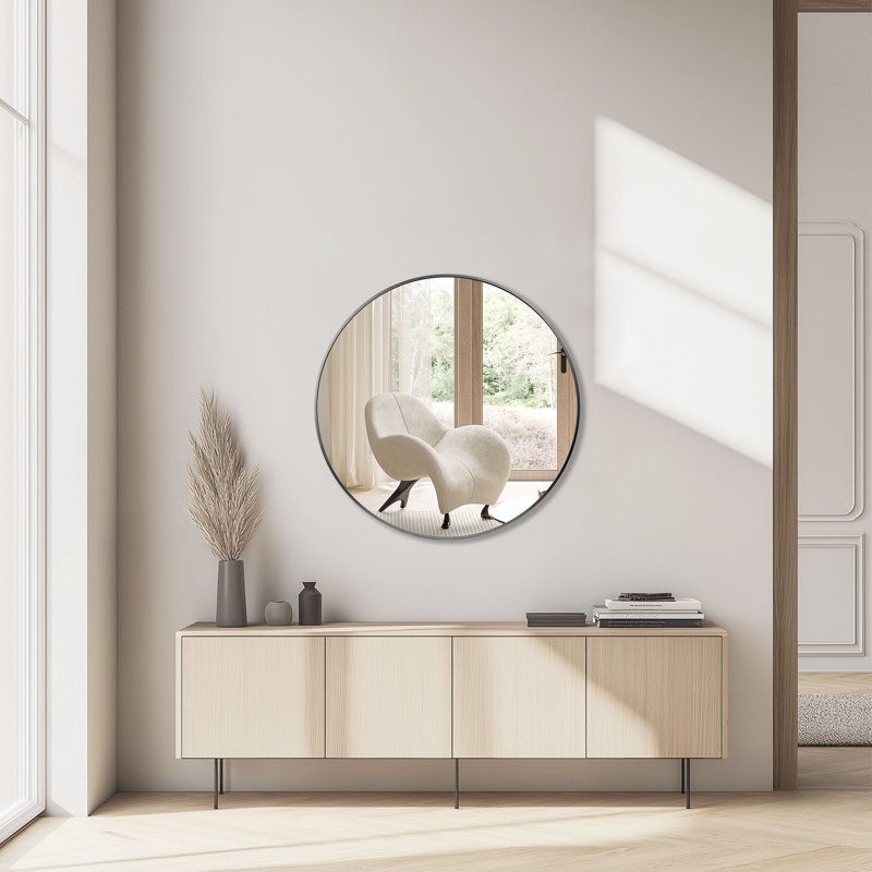 EDX 24" Wall Round Mirror With Crystal Clear Reflection Convenient Hanging Hooks And Premium Aluminum Alloy Construction Black