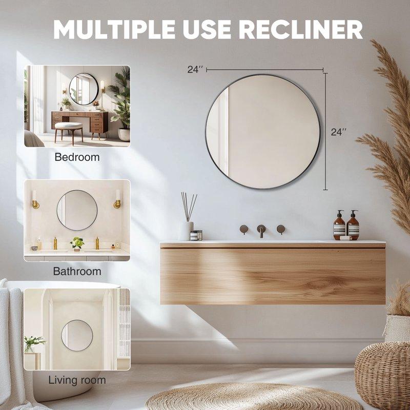 EDX 24" Wall Round Mirror With Crystal Clear Reflection Convenient Hanging Hooks And Premium Aluminum Alloy Construction Black