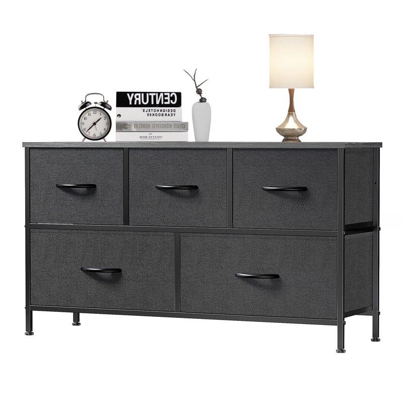 EDX 5 Drawer Dresser Wide Chest of Drawers Nightstand Storage Tower Storage Fabric Dresser with Wood Top for Living Room Bedroom Hallway Black