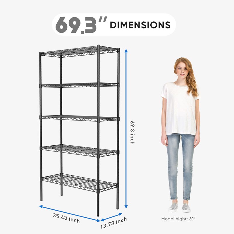 Edx 5 Tier Metal Shelving Unit 35.43"W X 13.78"D X 69.3"H Height Adjustable Wire Storage Shelves Holds Up To 2000 LBS Black