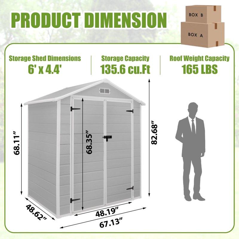 Enyopro 6 X 4.4FT Outdoor Storage Shed All-Weather Plastic Resin Utility Tool Large Shed With Dual Lockable Doors For Patio Backyard Lawn Gray