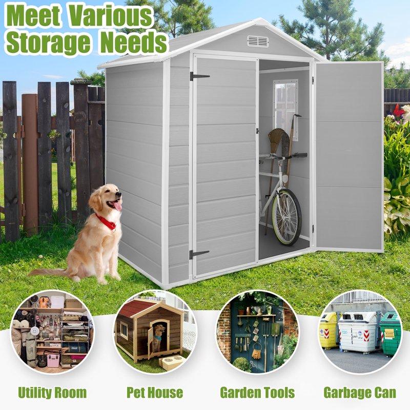 Enyopro 6 X 4.4FT Outdoor Storage Shed All-Weather Plastic Resin Utility Tool Large Shed With Dual Lockable Doors For Patio Backyard Lawn Gray