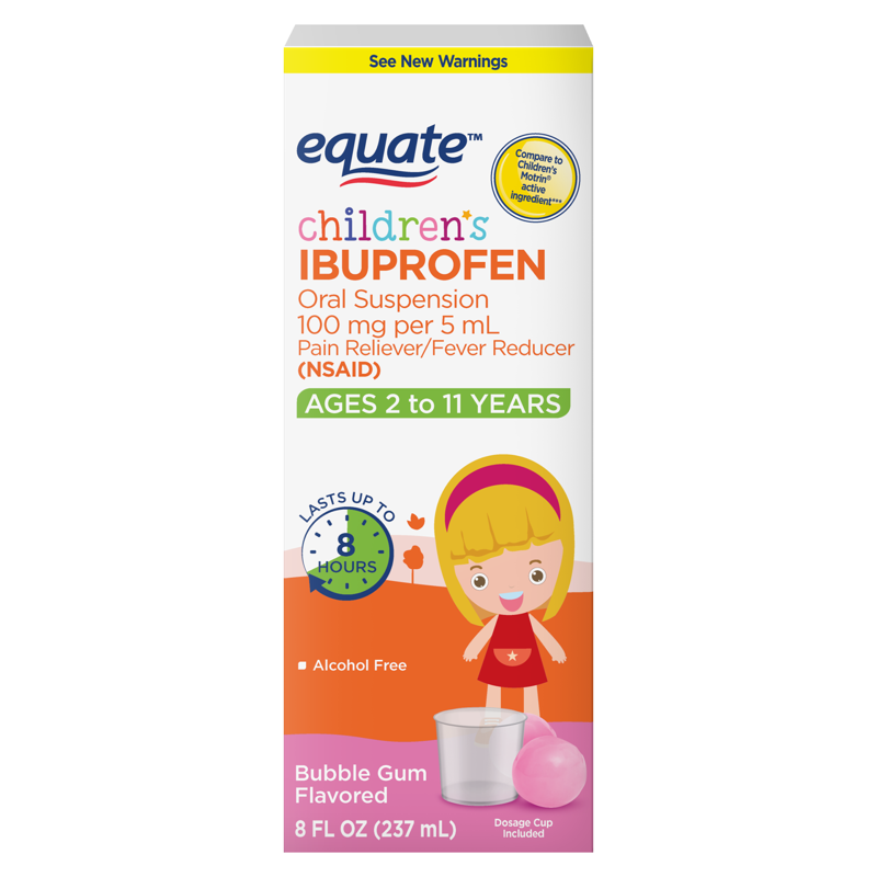 Equate Children's Ibuprofen Oral Suspension 100 mg Bubble Gum Flavor Ages 2 to 11 Years 8 fl oz Compare to Children's Motrin® Active Ingredient