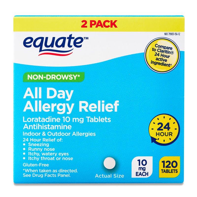 Equate Non-Drowsy All Day Allergy Relief Loratadine 10 mg Tablets Antihistamine 120 Count (2x60 Count) Compare to Claritin® 24 Hour Active Ingredient