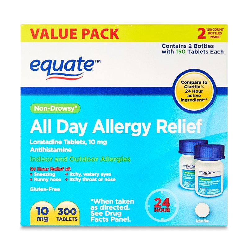 Equate Non-Drowsy All Day Allergy Relief Loratadine 10 mg Tablets Antihistamine 300 Count Compare to Claritin® 24 Hour Active Ingredient