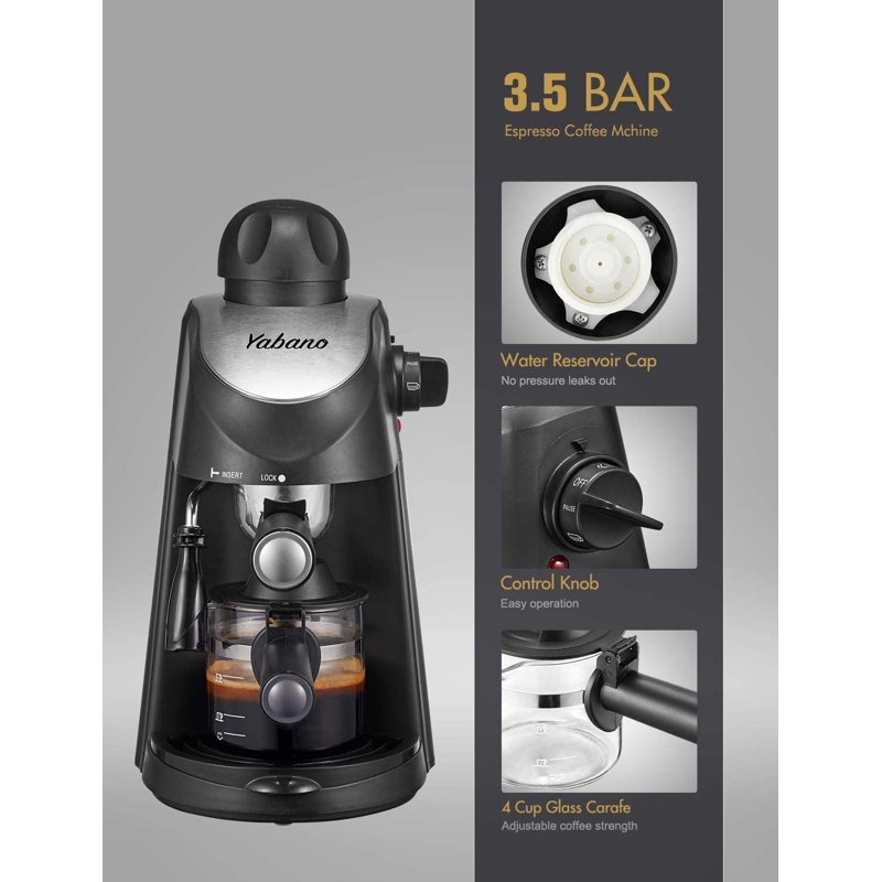 Espresso Machine Yabano 3.5 Bar 4 Cup Steam Espresso Cappuccino Maker With Milk Frother 800W Black