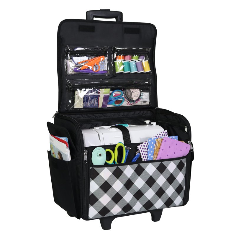 Everything Mary Rolling Sewing Machine Storage and Transport Tote 600D Polyester Buffalo Check with Wheels