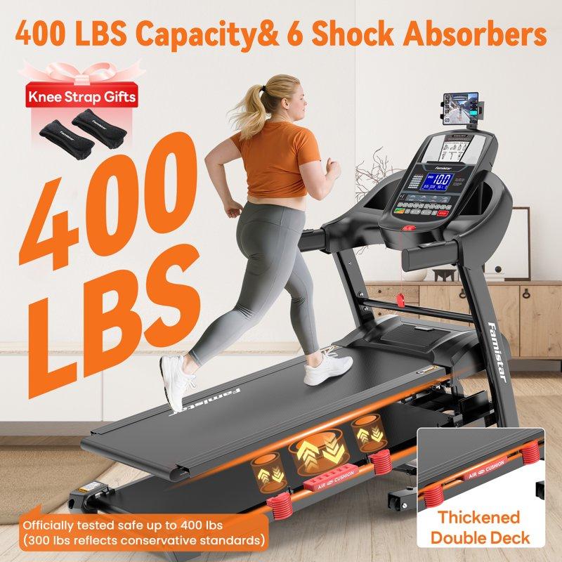Famistar 5.1HP Folding Treadmill For Home With 15% Auto Incline 300-400 LB Capacity Portable Foldable Treadmill FREE APP Control Adjustable IPad Holder 10MPH Speed 71 Programs Knee Strap Gift