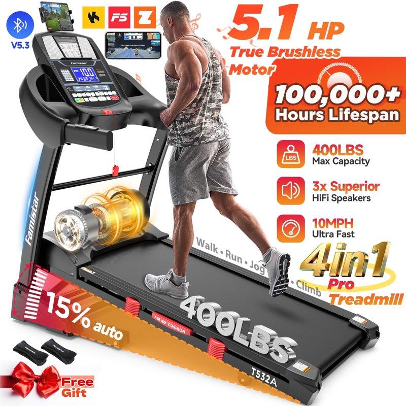 Famistar 5.1HP Folding Treadmill for Home with 15% Auto Incline 300-400 LB Capacity Portable Foldable Treadmill FREE APP Control Adjustable iPad Holder 10MPH Speed 71 Programs Knee Strap Gift