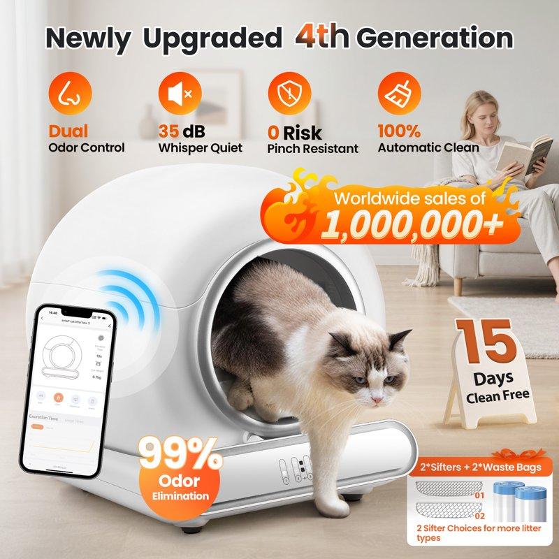 Famistar Automatic Cat Litter Box Self Cleaning 65+9L Large Litter Box With Liner Odor Removal 2.4G WiFi APP Control/Integrated Safety Protection 2 Sifters Included