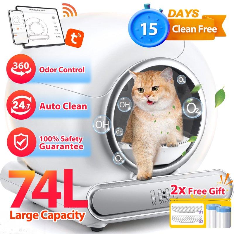 Famistar Automatic Cat Litter Box Self Cleaning 65+9L Large Litter Box with Liner Odor Removal 2.4G WiFi APP Control/Integrated Safety Protection 2 Sifters Included