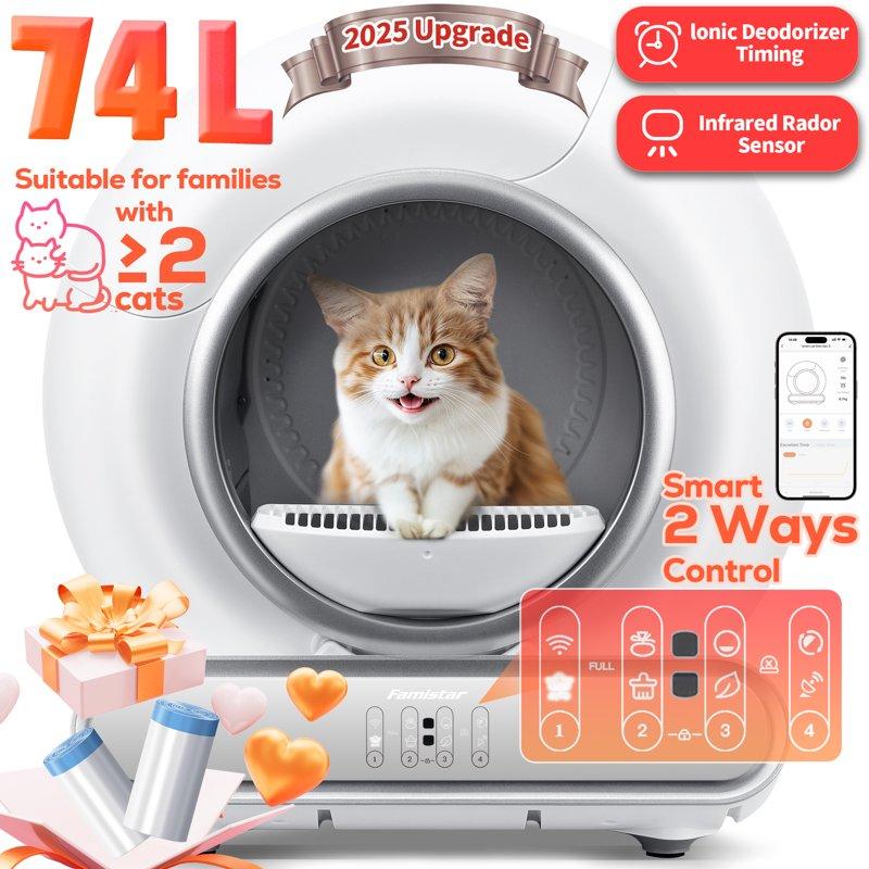 Famistar Self Cleaning Cat Litter Box Automatic Cat Litter Box with APP Control 65+9L Large Capacity All-round Safety Protection Fully Auto Cleaning Support 2.4G WiFi Only 2 Rolls Liner Gift
