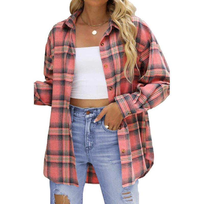 Fantaslook Plaid Flannel Shirts For Women Oversized Long Sleeve Button Down Shirts Blouses Tops