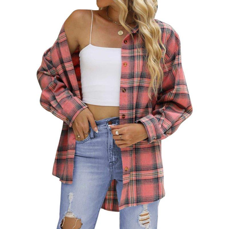Fantaslook Plaid Flannel Shirts For Women Oversized Long Sleeve Button Down Shirts Blouses Tops