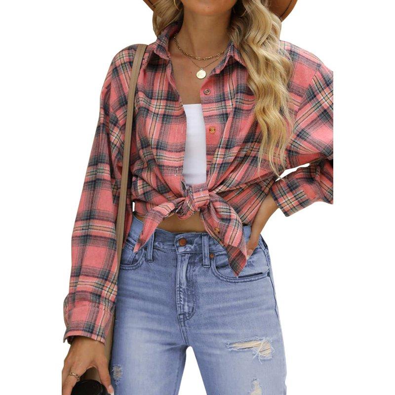 Fantaslook Plaid Flannel Shirts For Women Oversized Long Sleeve Button Down Shirts Blouses Tops