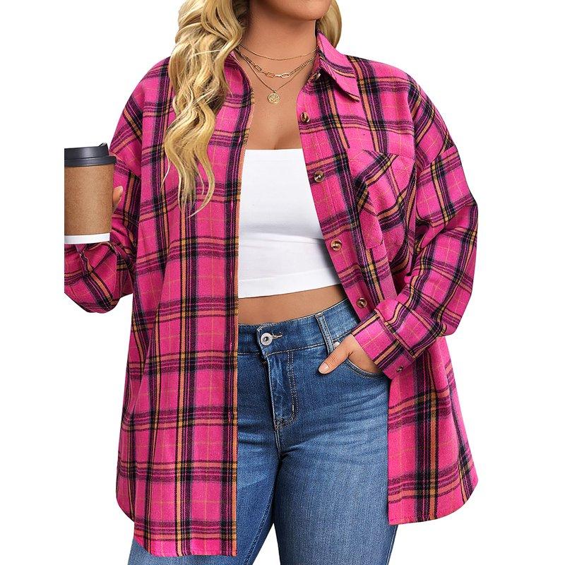 Fantaslook Plus Size Flannel Plaid Shirts For Women Long Sleeve Button Down Shirts Casual Loose Blouses Tops