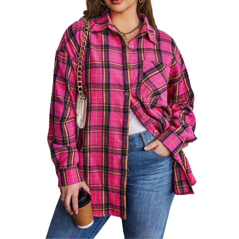 Fantaslook Plus Size Flannel Plaid Shirts For Women Long Sleeve Button Down Shirts Casual Loose Blouses Tops