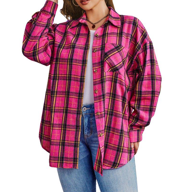 Fantaslook Plus Size Flannel Plaid Shirts For Women Long Sleeve Button Down Shirts Casual Loose Blouses Tops