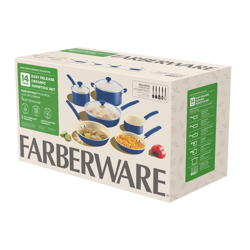 Farberware Easy Clean 14 Pcs Ceramic Nonstick Cookware Set With Cooking Tools Dishwasher Safe Blue
