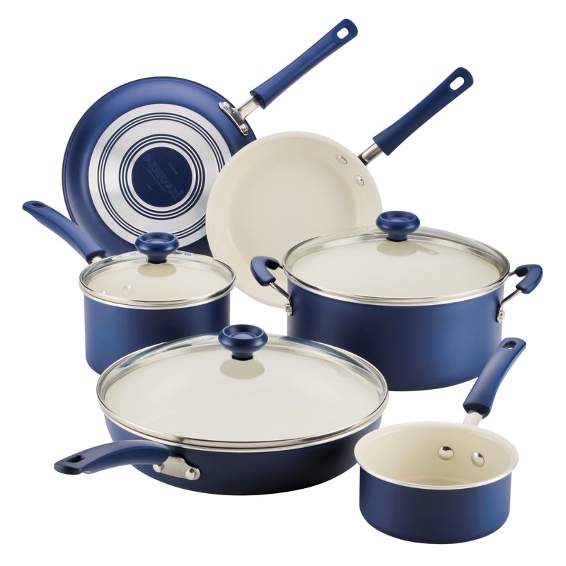 Farberware Easy Clean 14 Pcs Ceramic Nonstick Cookware Set With Cooking Tools Dishwasher Safe Blue