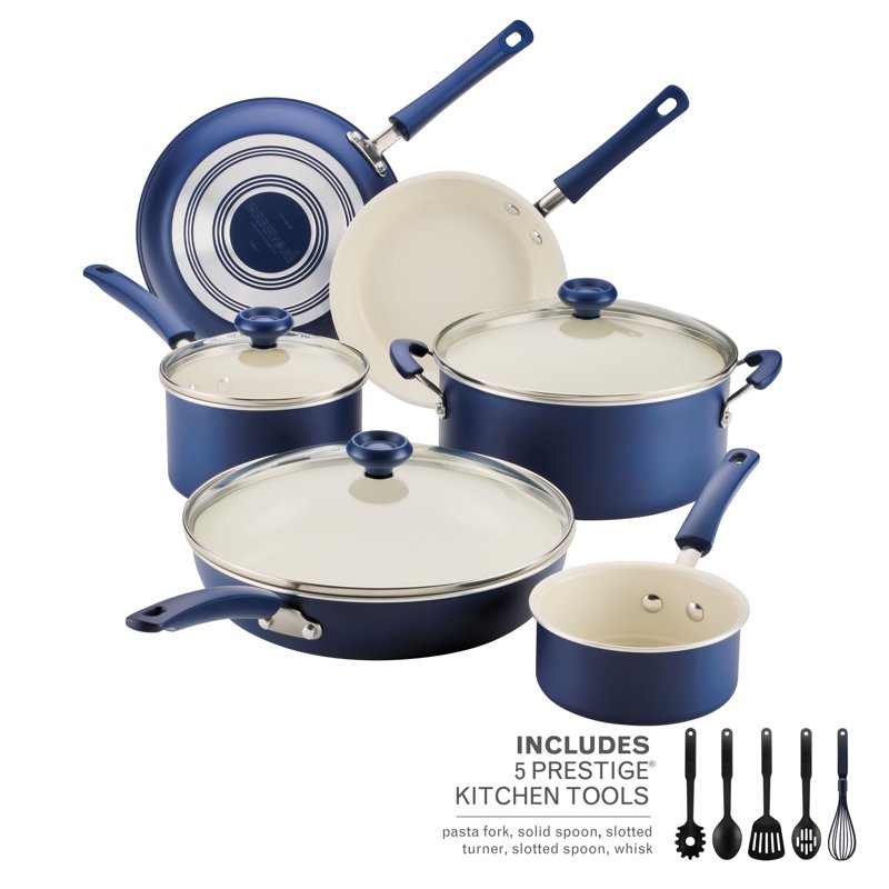 Farberware Easy Clean 14 Pcs Ceramic Nonstick Cookware Set With Cooking Tools Dishwasher Safe Blue