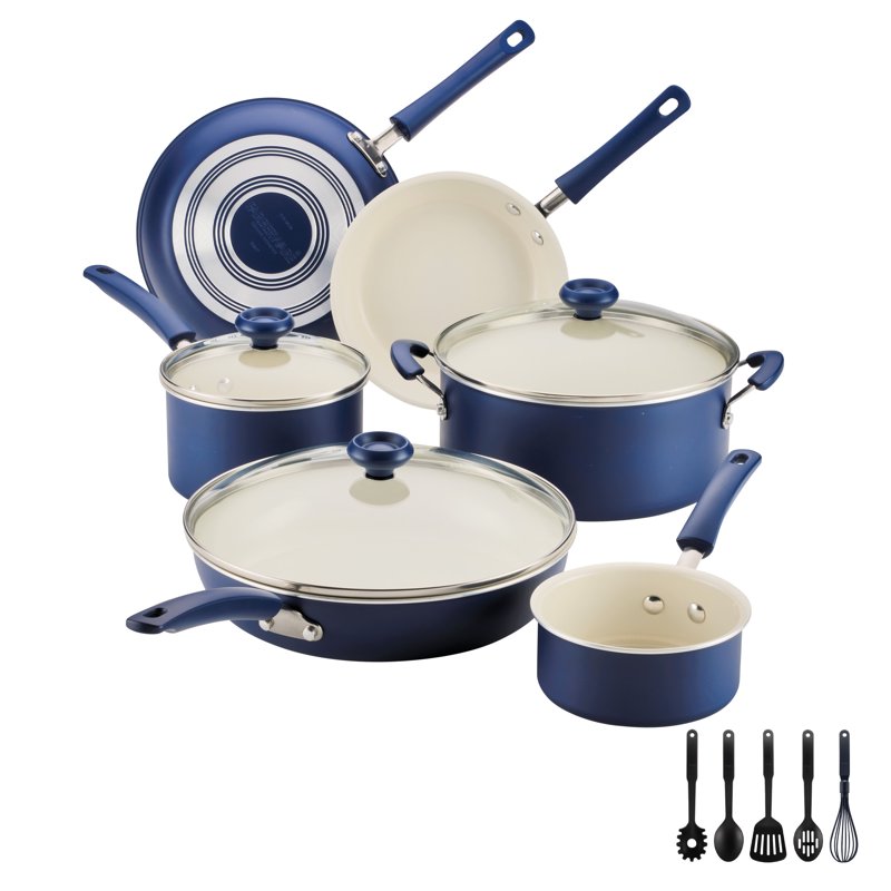 Farberware Easy Clean 14 Pcs Ceramic Nonstick Cookware Set with Cooking Tools Dishwasher Safe Blue